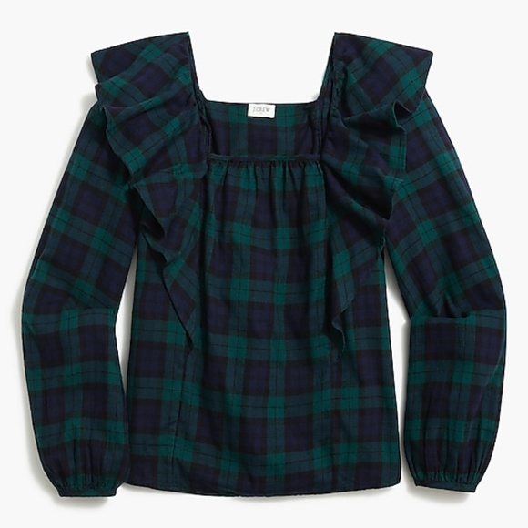 J Crew Flannel Squareneck Ruffle Top in Blackwatch Green Navy Black Plaid - Picture 3 of 7